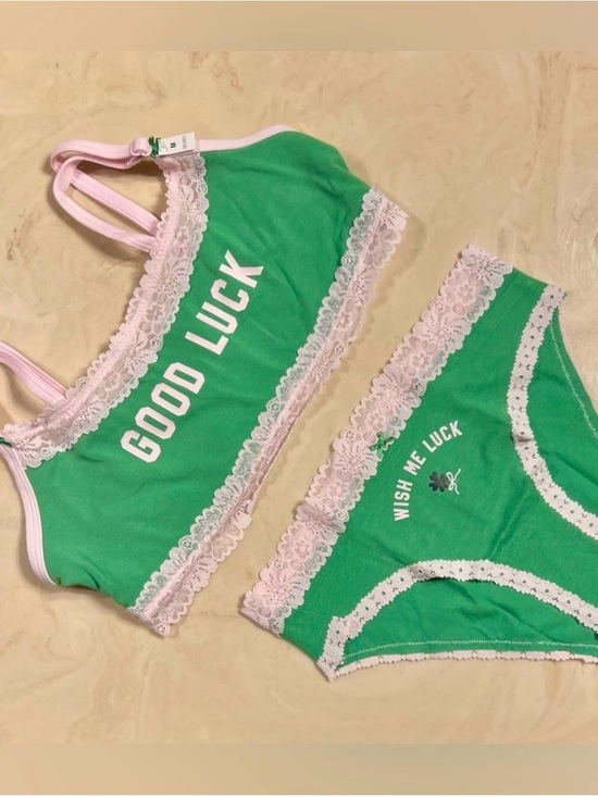 PINK Victoria's Secret Other - 🍀VS PINK Cotton Lace Trim Scoop Bralette & Cheeky Panty Wild Green GOOD LUCK L